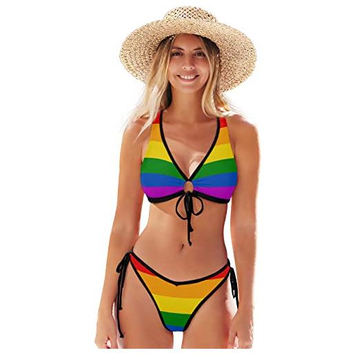 Linomo lgbt gay pride rainbow peace love - costume da bagno da donna, con cinturino frontale e perizoma a due pezzi, multicolore, m