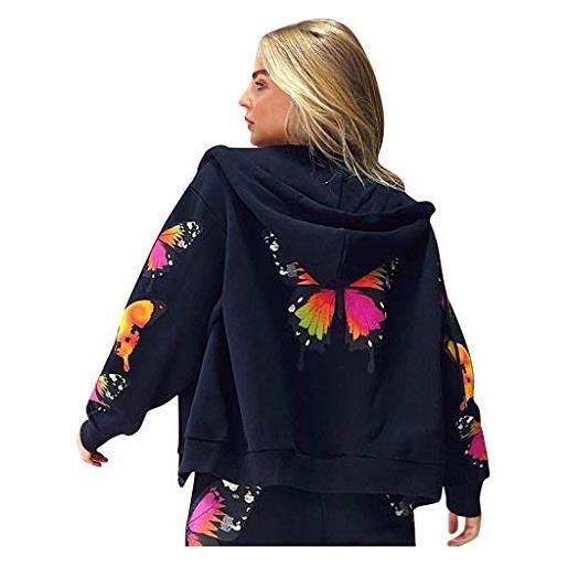 Mizily - felpa con cappuccio da donna con stampa a colori a farfalla, con cerniera completa, alla moda, comoda e casual nero m