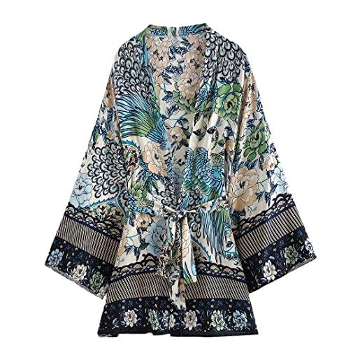 Disimlarl donne boho robes rayon cotone kimono estate stampa breve cober ups blu pavone kimono, blu, l
