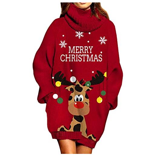 Viottiset - maglione lungo oversize natalizio da donna, a collo alto e coste, rosso-renna, m