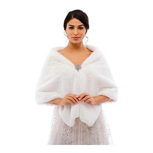 Jovono donna pelliccia faux scialle coprispalle giacca sciarpa wrap cape perfetto per matrimonio partito spettacolo con spilla libera (bianco)