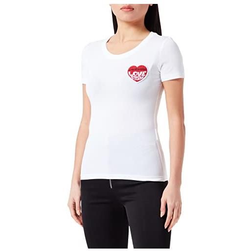 Love Moschino tight-fit short sleeve with embroidered love storm knit effect heart patch t-shirt, bianco rosso, 46 donna