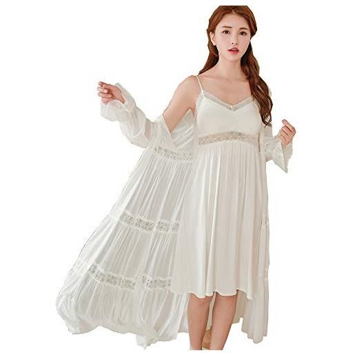 Flwydran vestaglia da donna in modal vintage, vittoriana, vestaglia da notte, vestaglia sexy da donna, kimono con spalline, camicia da notte, bianco, etichettalia unica