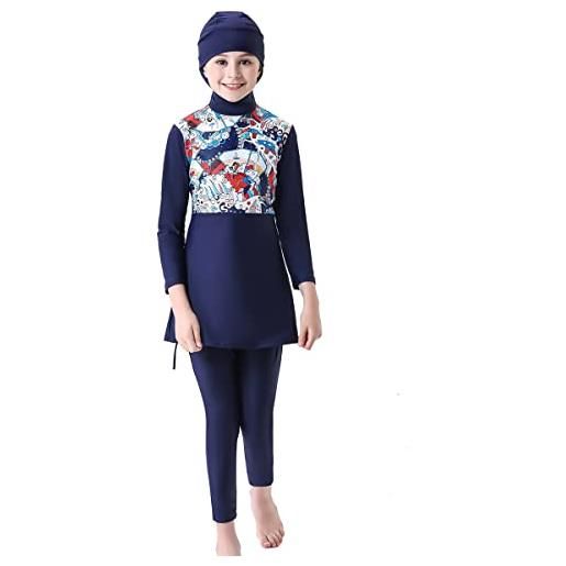 IMEKIS costume da bagno musulmano da bambina upf 50+ uv islamico hijab costume da bagno a maniche lunghe con pantaloni corti, cuffia da nuoto 3 pezzi, corpo pieno blu navy, 11-12 anni