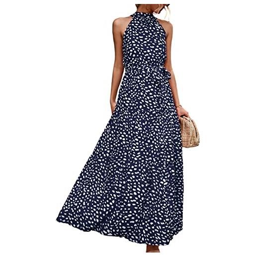 Ausla abito lungo estivo, abito casual estivo a pois elegante senza maniche con cintura, abito maxi halter senza maniche, abito a strati, vestito lungo boho a pois, maxi abito da spiaggia(m-giallo)