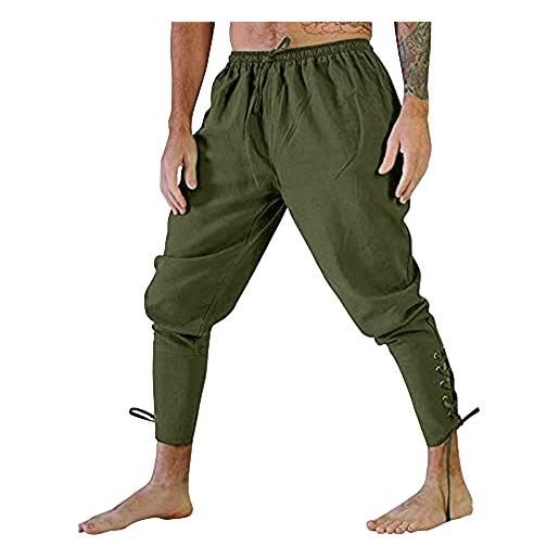 YAOHUOLE pantaloni medievali da uomo, in cotone e lino, da pirata, per costume da vichingo, rinascimentale, coulisse in vita elastica con tasca, verde militare, l