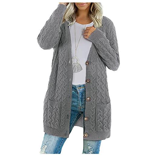 BMJL - cardigan aran lungo da donna, in maglia grossa, con 2 tasche, vestibilità larga, maglione largo, grigio, s