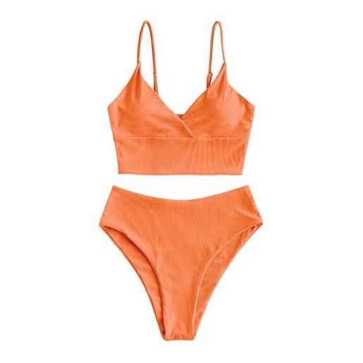 ZAFUL a coste solido camicia chor taglio a gamba alta vita tankini set imbottito due pezzi costume da bagno da bagno per le donne, arancione-c, s