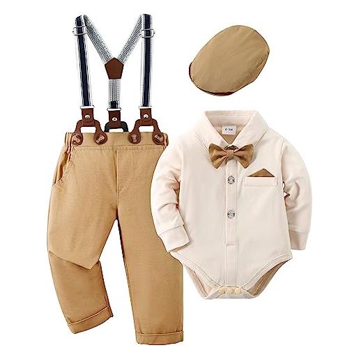 Amissz completino bambino per cerimonia, baby neonati 3 pezzi battesimo abbigliamento set matrimonio baby smoking camicia con farfallino + bretelle pantaloni + berretti beige 12-18 mesi
