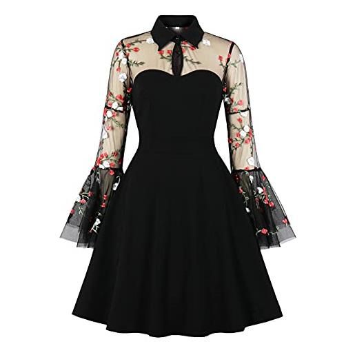 Wellwits abito da cocktail vintage con foro maniche a tromba in tulle, ricamo floreale, xxxl