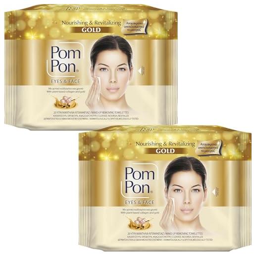 Pom Pon gold salviette struccanti viso e occhi, con ingredienti naturali, nutrienti e rivitalizzanti, pacco doppio, 2x20 unità