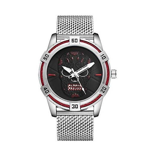 Haonb orologi da polso, orologio impermeabile con quadrante teschio personalizzato, cassa in argento con quadrante rosso e cinturino in argento