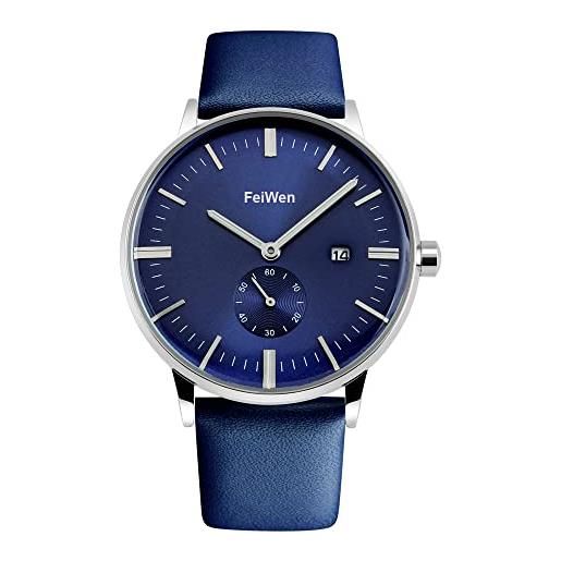 FeiWen uomo elegante fashion orologi da polso analogico quarzo acciaio inox cassa e pelle banda quadrante piccolo cronometro calendario orologio (blu)