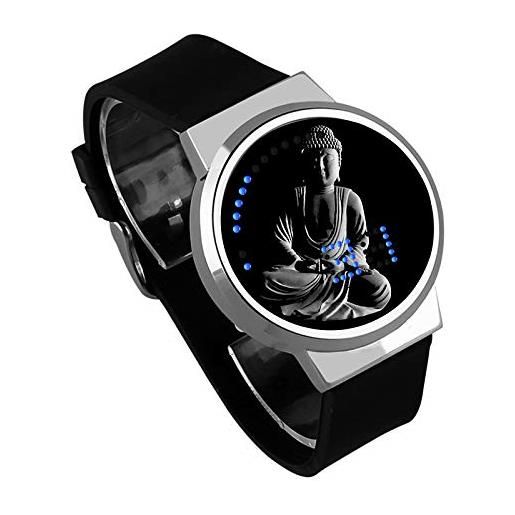 Haonb orologi da polso, touch screen led watch buddha orologio elettronico luminoso impermeabile fai-da-te creativo per mappare la cintura nera shell argento personalizzata