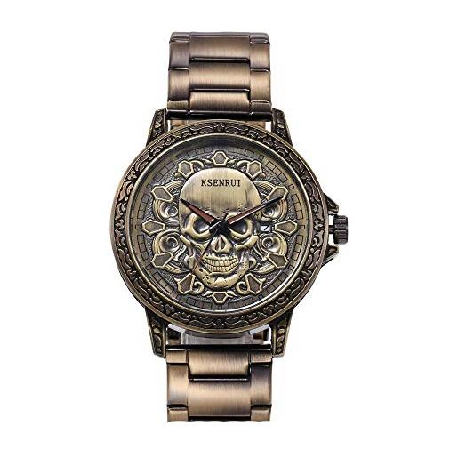 Haonb orologi da polso, orologio teschio con elegante quadrante retrò, bronzo blu
