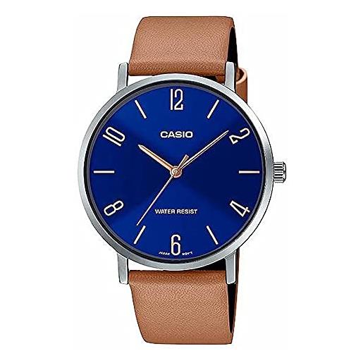 Casio mtp-vt01l-2b2 - orologio analogico da uomo, con quadrante blu minimalista, cinturino in pelle marrone chiaro