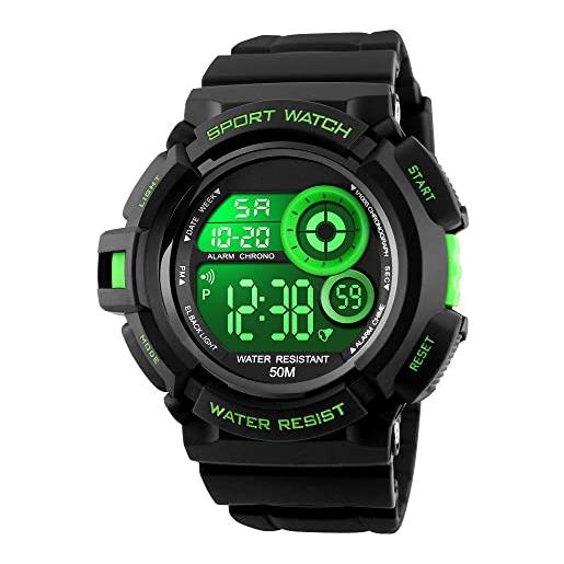 FeiWen semplice multifunzione digitali sportivi orologi da polso da uomo e ragazzo multicolore led luce outdoor militare 50m impermeabili plastica orologio gomma banda, verde