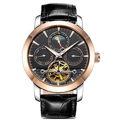 Haonb orologi da polso, orologio meccanico automatico impermeabile a fasi lunari con cavità multifunzionale, pelle nera nera oro