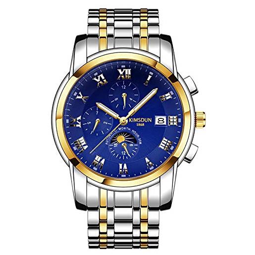 Haonb orologi da polso, orologio meccanico impermeabile da uomo multifunzionale con calendario fasi fasi lunari, quadrante blu oro