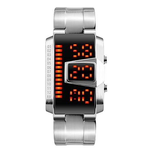 FeiWen fashion binario digitale orologi da polso uomo 50m impermeabili rettangolare acciaio inox casual unico sportivi orologio (argento)