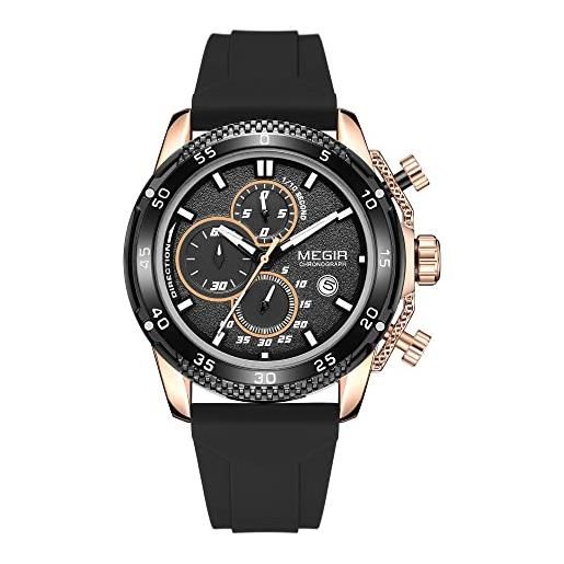 MEGIR orologio per gli uomini moda cinturino in silicone cronografo orologi da polso al quarzo con data automatica lancette luminose 3atm impermeabile 2211, rosa nera, cinturino
