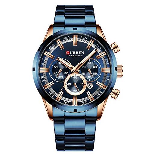 CURREN orologio da polso da uomo, tre sub-quadrante, analogico, in acciaio, al quarzo, blu 8355, blu, 22, bracciale