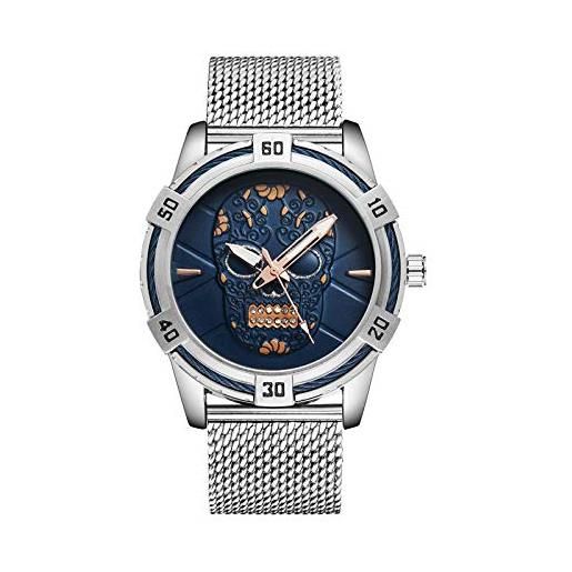 Haonb orologi da polso, orologio impermeabile con quadrante teschio personalizzato, cassa in argento quadrante blu cinturino in argento