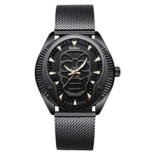 Haonb orologi uomo, orologio sportivo impermeabile orologio al quarzo con cinturino in maglia di teschio nero