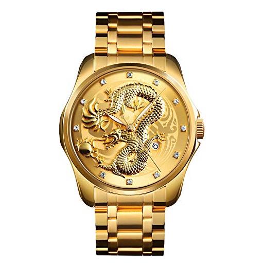 Haonb orologio uomo orologio d'oro locale creativo d'affari orologio cinese a rilievo tridimensionale con drago, quadrante dorato