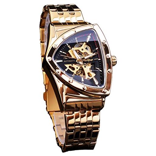 FORSINING orologio meccanico da uomo, alla moda, triangolare, oro, argento, quadrante nero scheletrato, orologio di lusso a carica automatica, impermeabile e luminoso, oro nero, bracciale