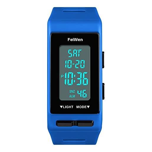 FeiWen design semplice multifunzione orologi da polso da unisex outdoor militare digitali sportivi orologio plastica cassa e gomma banda led doppio tempo allarme calendario (blu)