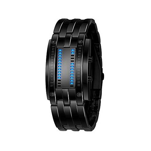 FeiWen fashion casual binario orologi da polso da uomo e donna rettangolare acciaio inox quadrante blu led luce data digitali sportivi orologio, argento (uomo)