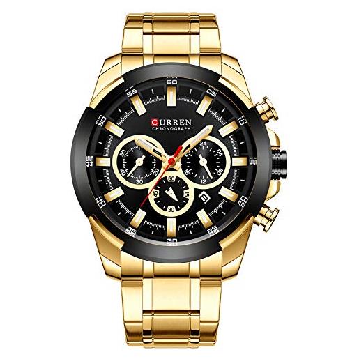 CURREN orologio da polso da uomo con più fusi orari e data, in acciaio, analogico, color oro 8361, oro, 22, bracciale