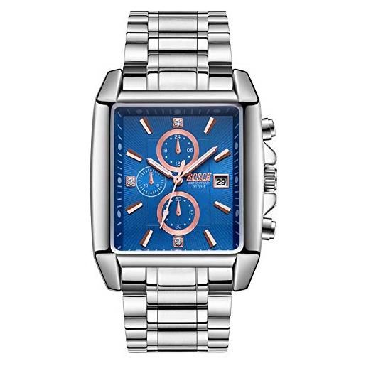 Haonb orologi da polso, orologio da uomo quadrato con cinturino sportivo in acciaio, orologio da polso al quarzo con cinturino in silicone impermeabile e luminoso, cinturino in acciaio quadrante blu
