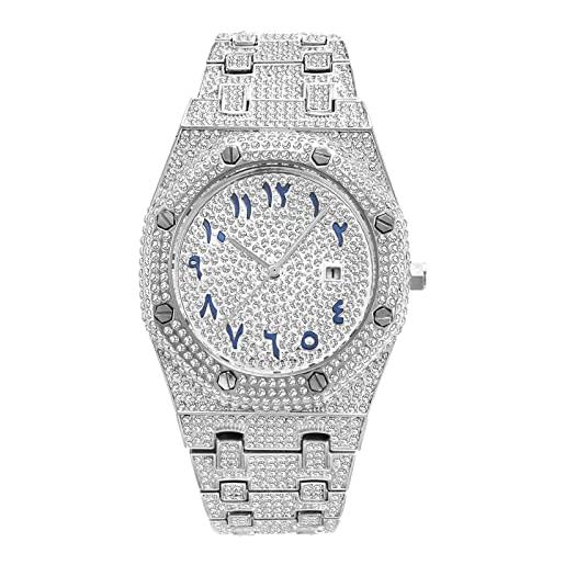 ICEDIAMOND cz orologio da polso al quarzo con fascino di diamanti, pietre di zircone luminose ghiacciate 43 mm quadrante calendario orologio di tendenza hip hop per uomo (white)