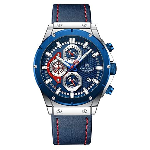 Naviforce orologio al quarzo cronografo del cuoio genuino di modo per gli uomini della data automatica sport orologi da polso analogici, blu, cinturino