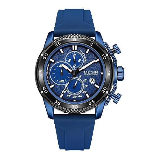MEGIR orologio da polso al quarzo da uomo con cinturino in silicone alla moda cronografo con data automatica lancette luminose 3atm impermeabile 2211, blu, cinturino