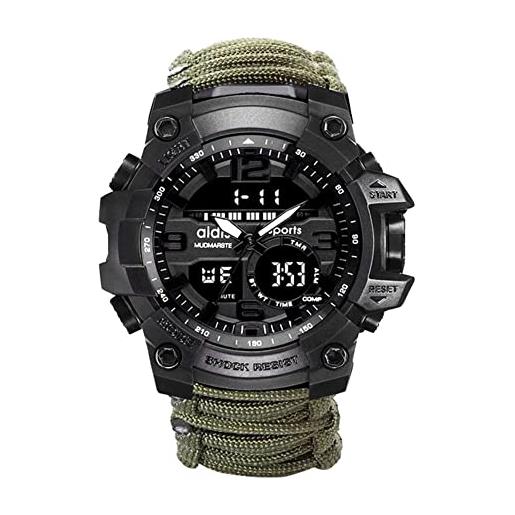 XHJL orologio da polso digitale, orologi tattico militare sportivi di emergenza unisex con paracord/fischietto/accendifuoco/raschietto/bussola e termometro, attrezzatura da esterno 6 in 1 (green)