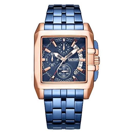 MEGIR moda quadrato quadrante orologi uomini di lusso in acciaio inox orologio uomo militare sport orologio da polso impermeabile luminoso, blu, cronografo, orologi al quarzo