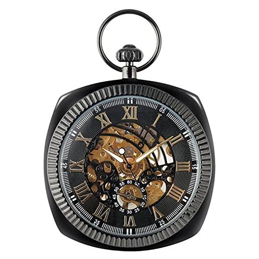 JTWMY orologio da taschino meccanico dorato retrò quadrato orologio da taschino con ciondolo scheletro a carica manuale orologio da taschino appeso-b