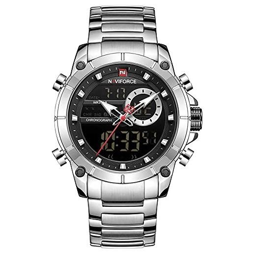 Naviforce orologio da uomo a doppio display digitale al quarzo orologi multifunzione in acciaio inossidabile orologio da polso, argento e nero. , bracciale