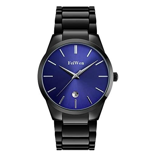 FeiWen uomo analogico quarzo fashion acciaio inox casual orologio da polso calendario (blu)