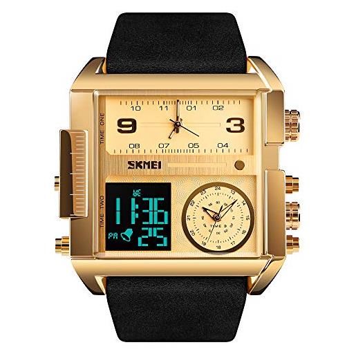 SKMEI orologio sportivo digitale da uomo, quadrante grande, analogico, al quarzo, con cronometro impermeabile e multi-fuso orario nero dorato. 