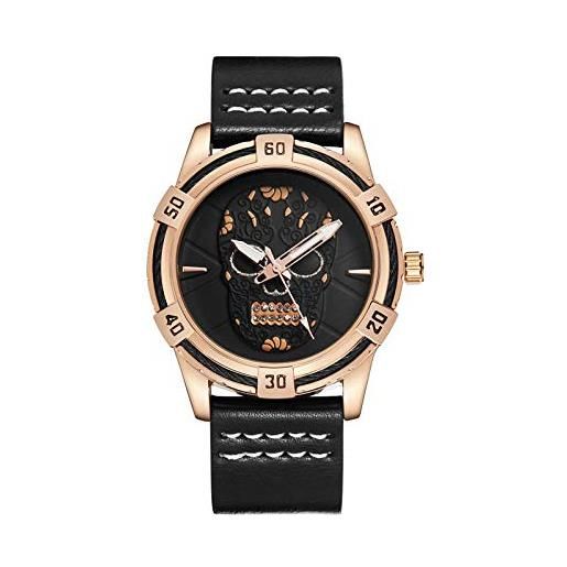 Haonb orologi da polso, orologio impermeabile personalizzato con teschio di tendenza, cassa in oro rosa con cinturino nero