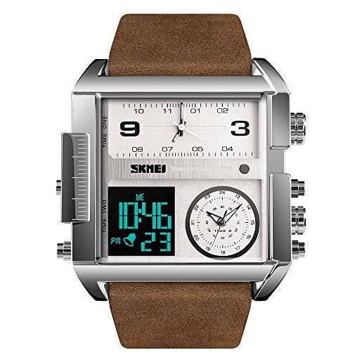SKMEI orologio sportivo digitale da uomo, quadrante grande, analogico, al quarzo, con cronometro impermeabile e multi-fuso orario caffè argento