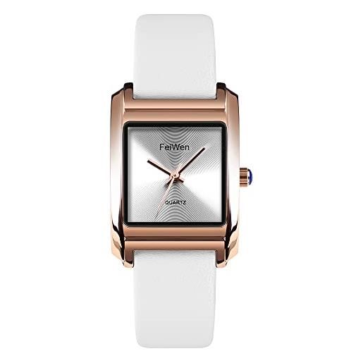 FeiWen elegante orologi da polso da donna e ragazza lusso fashion analogico quarzo minimalismo acciaio inox cassa e giallo banda orologio (bianco)