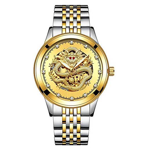 Haonb orologi da polso, orologio da uomo 3d dragon orologio con strass in oro orologio meccanico automatico luminoso, quadrante dorato intermittente