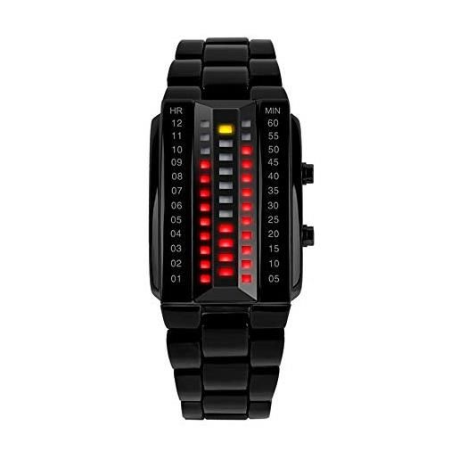 FeiWen fashion unico binario orologio da uomo e donna rettangolare acciaio inox quadrante rosso e giallo led luce digitali date casual orologi da polso, nero (donna)
