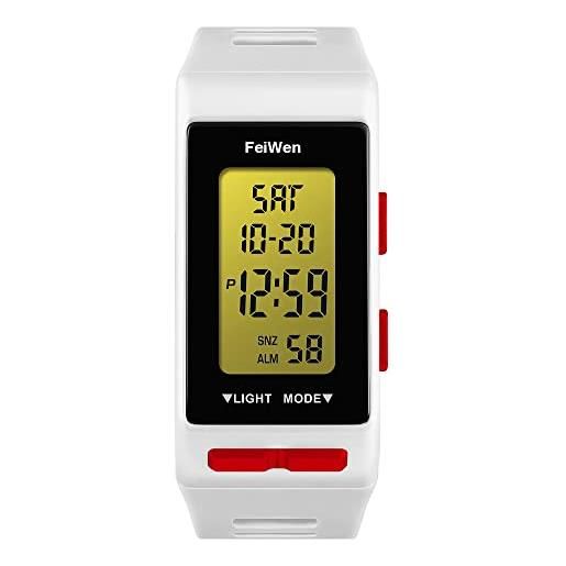 FeiWen design semplice multifunzione orologi da polso da unisex outdoor militare digitali sportivi orologio plastica cassa e gomma banda led doppio tempo allarme calendario (bianco)