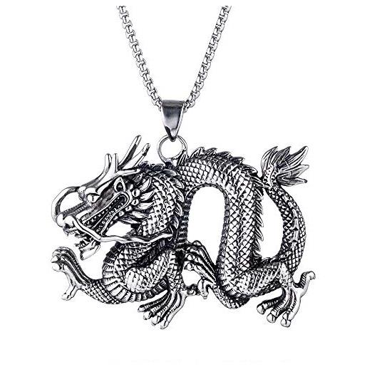 PAMTIER collana con ciondolo drago cinese da uomo in acciaio inossidabile argento nero